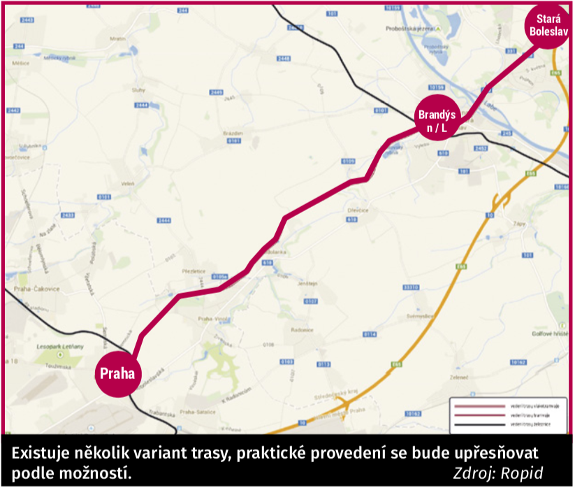Uvažovaná trasa příměstské vlakotramvaje z pražských Kbel do Brandýsa. Zda povede přesně tudy, to je až věc dalších prací na projektu, územních možností a zejména zájmu občanů... 