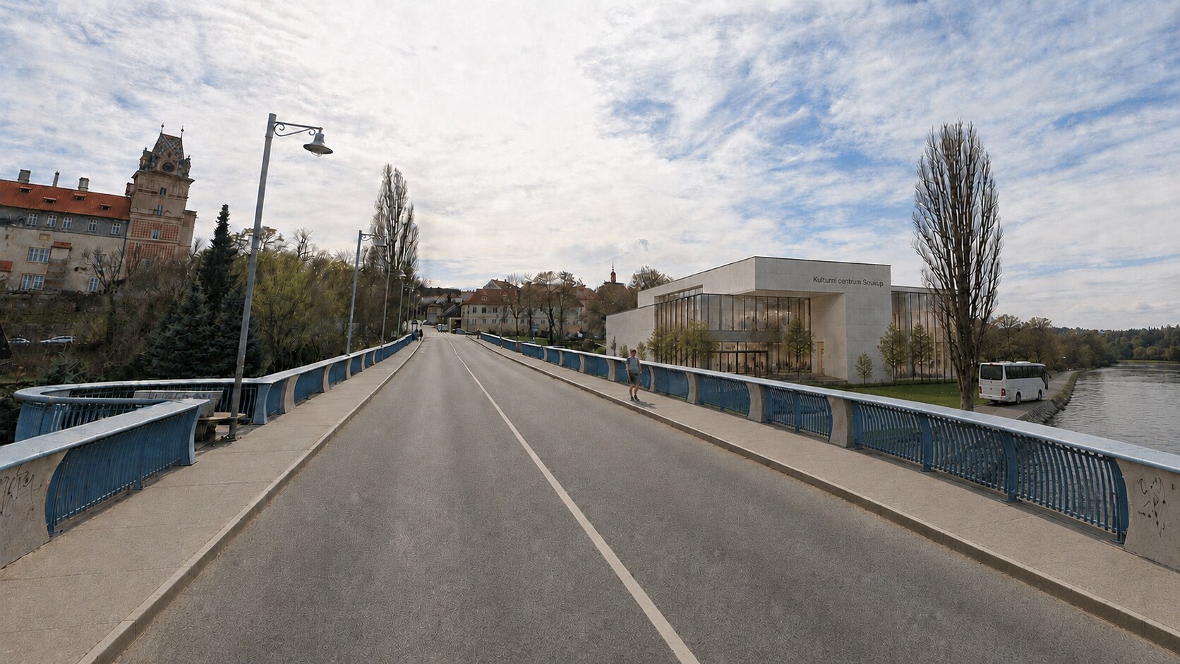 Dražší varianta kulturního centra na Ostrůvku: rozměrnější stavba s prosklenou přední částí a předsazenou vstupní halou.