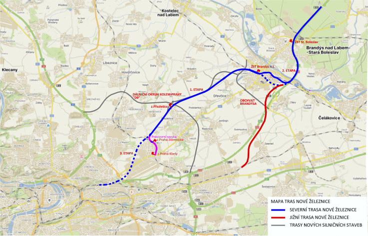 Mapa trasy vlakového spojení Pra - Brandýs a uvažovaná návaznost  na Starou Boleslav